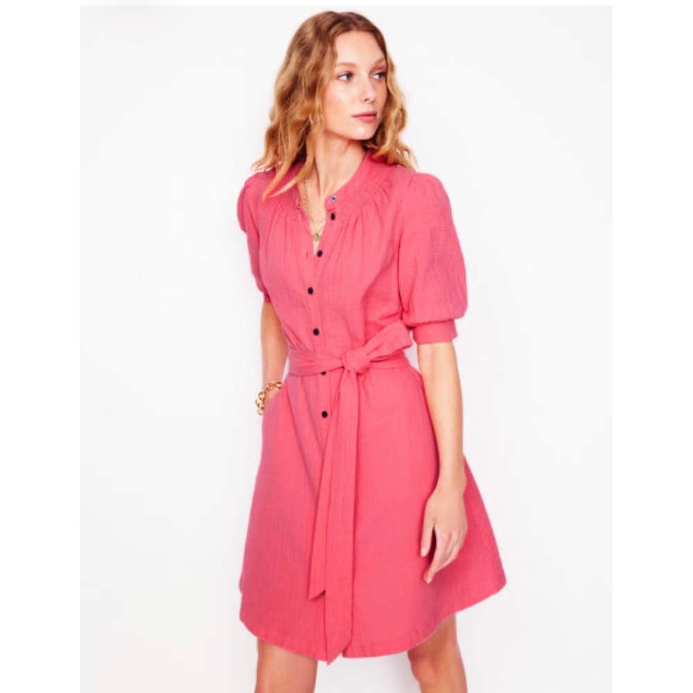 Boden Ada Double Cloth Short Dress 12L Long Pink Cotton Smocked Button Front